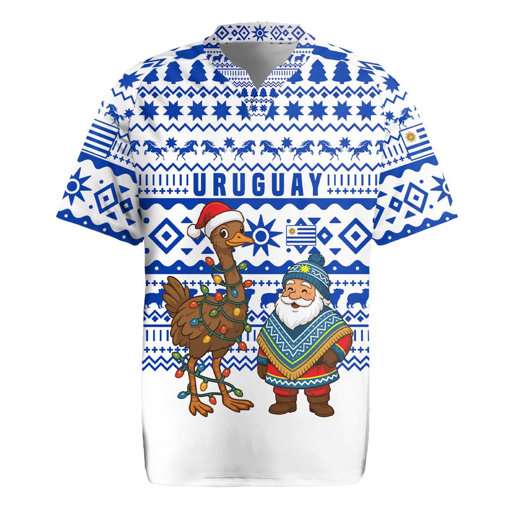 Uruguay Christmas Rugby Jersey with Santa Claus Rhea Bird Holiday Lights and Blue Geometric Pattern - Wonder Print Shop