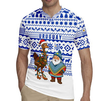 Uruguay Christmas Rugby Jersey with Santa Claus Rhea Bird Holiday Lights and Blue Geometric Pattern - Wonder Print Shop