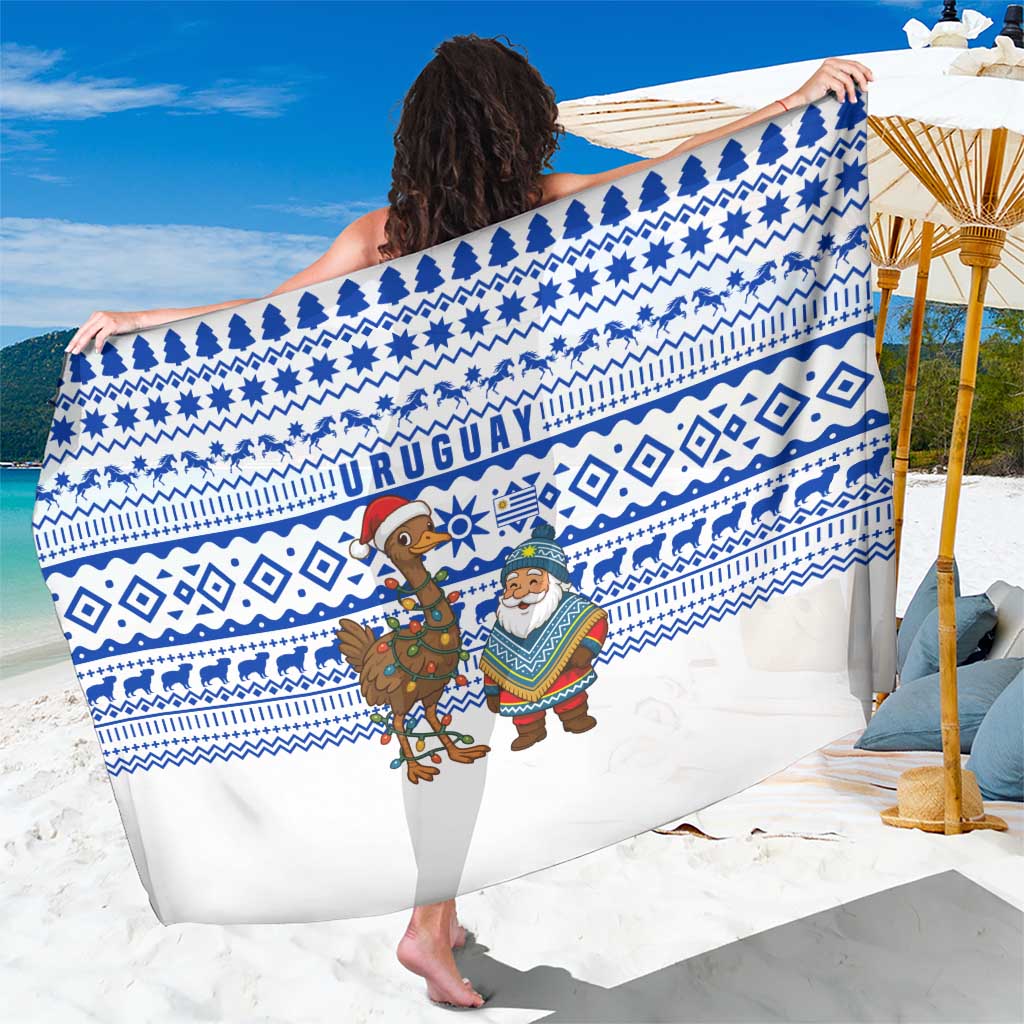 Uruguay Christmas Sarong with Santa Claus Rhea Bird Holiday Lights and Blue Geometric Pattern - Wonder Print Shop
