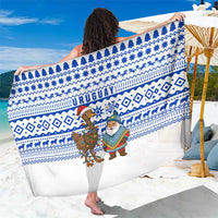 Uruguay Christmas Sarong with Santa Claus Rhea Bird Holiday Lights and Blue Geometric Pattern - Wonder Print Shop