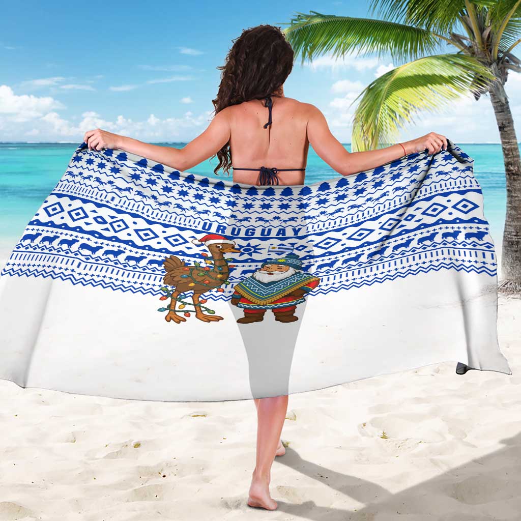 Uruguay Christmas Sarong with Santa Claus Rhea Bird Holiday Lights and Blue Geometric Pattern - Wonder Print Shop