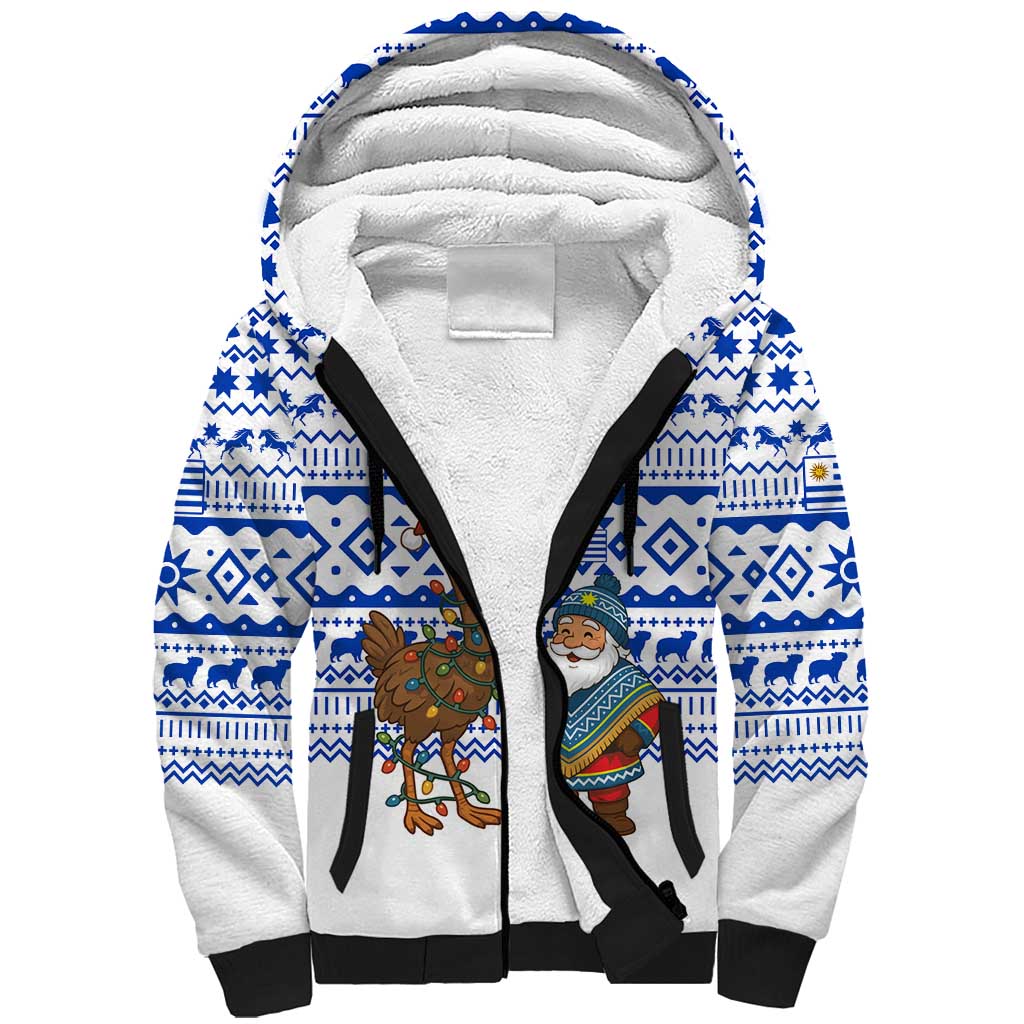 Uruguay Christmas Sherpa Hoodie with Santa Claus Rhea Bird Holiday Lights and Blue Geometric Pattern - Wonder Print Shop