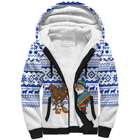 Uruguay Christmas Sherpa Hoodie with Santa Claus Rhea Bird Holiday Lights and Blue Geometric Pattern - Wonder Print Shop
