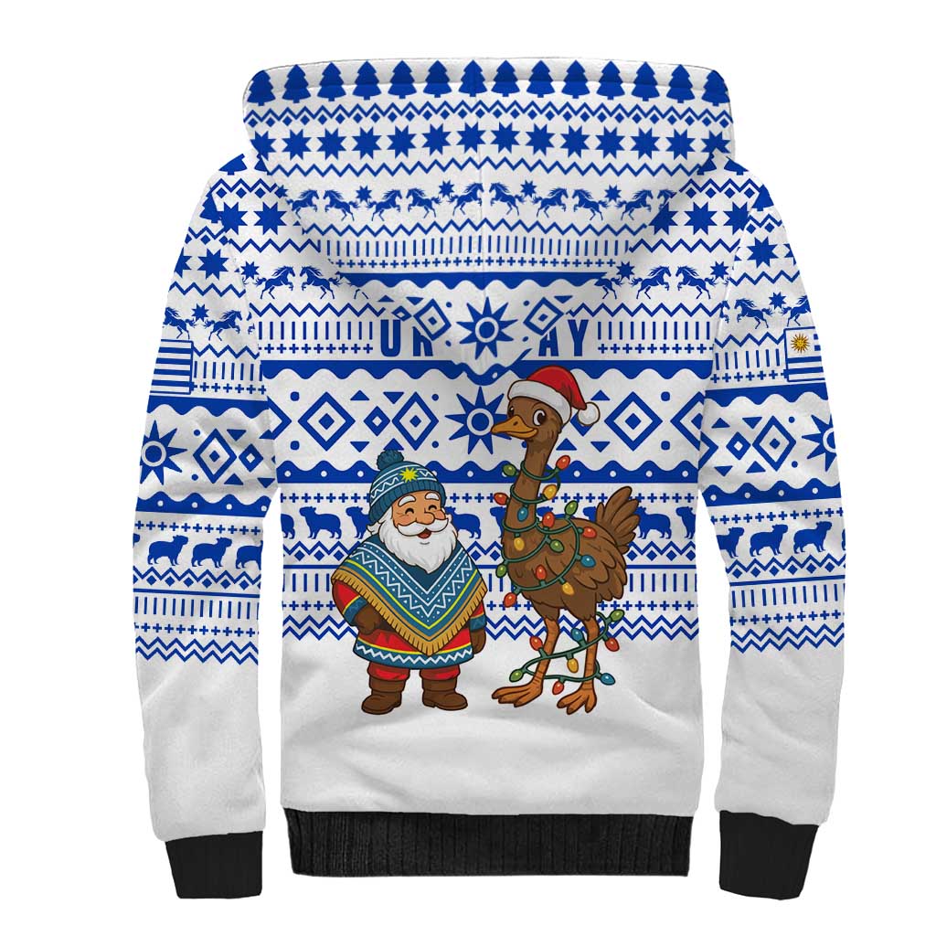 Uruguay Christmas Sherpa Hoodie with Santa Claus Rhea Bird Holiday Lights and Blue Geometric Pattern - Wonder Print Shop