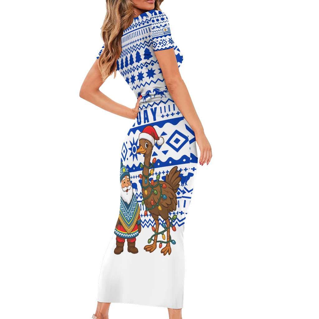 Uruguay Christmas Short Sleeve Bodycon Dress with Santa Claus Rhea Bird Holiday Lights and Blue Geometric Pattern - Wonder Print Shop