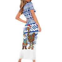 Uruguay Christmas Short Sleeve Bodycon Dress with Santa Claus Rhea Bird Holiday Lights and Blue Geometric Pattern - Wonder Print Shop