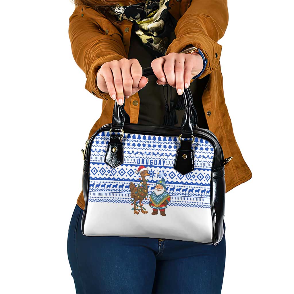 Uruguay Christmas Shoulder Handbag with Santa Claus Rhea Bird Holiday Lights and Blue Geometric Pattern - Wonder Print Shop