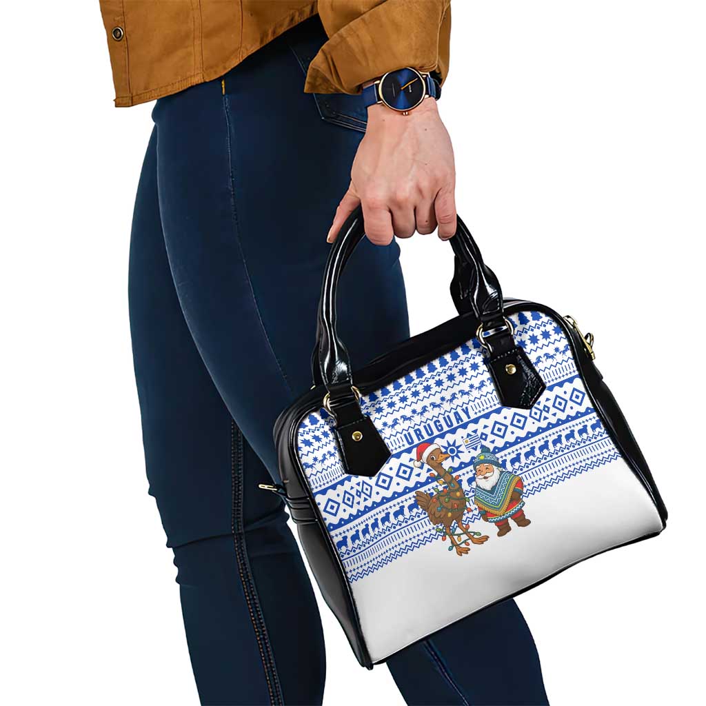 Uruguay Christmas Shoulder Handbag with Santa Claus Rhea Bird Holiday Lights and Blue Geometric Pattern - Wonder Print Shop