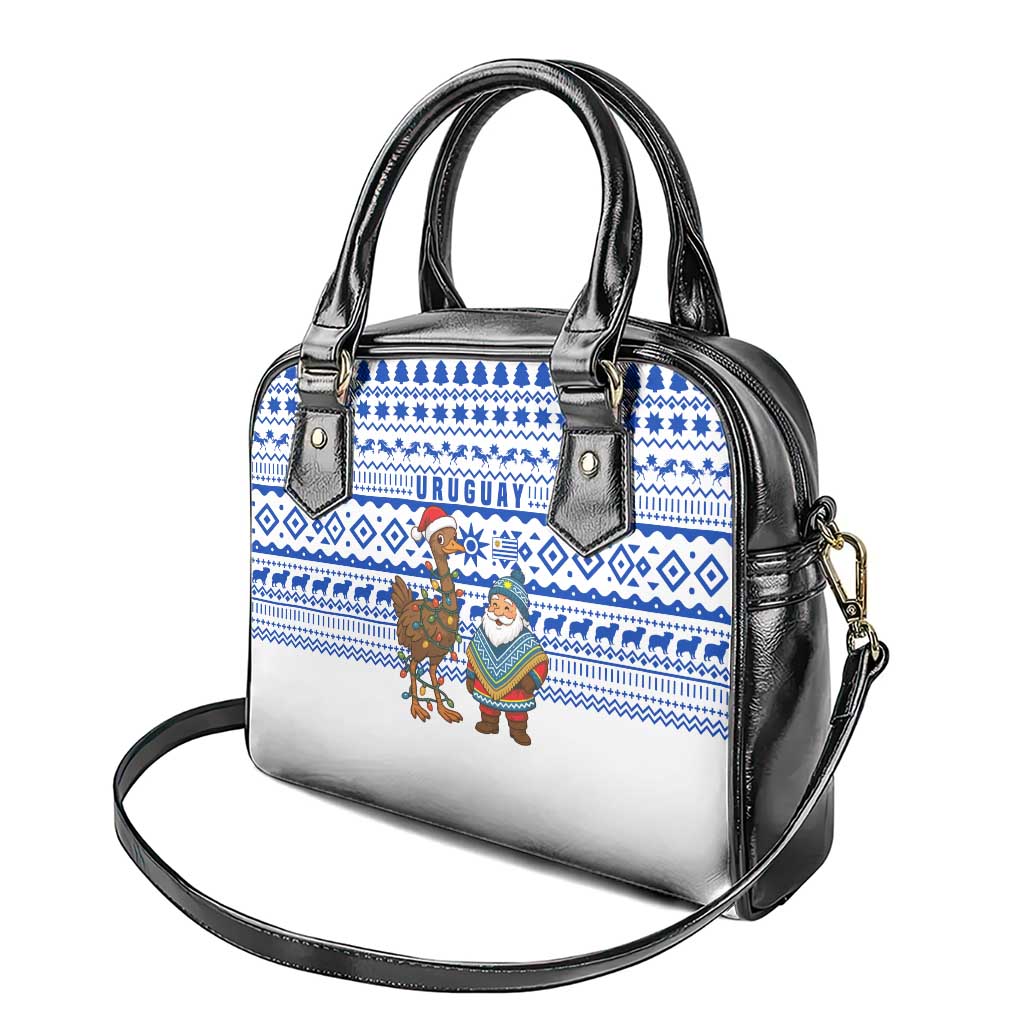 Uruguay Christmas Shoulder Handbag with Santa Claus Rhea Bird Holiday Lights and Blue Geometric Pattern - Wonder Print Shop