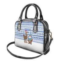 Uruguay Christmas Shoulder Handbag with Santa Claus Rhea Bird Holiday Lights and Blue Geometric Pattern - Wonder Print Shop