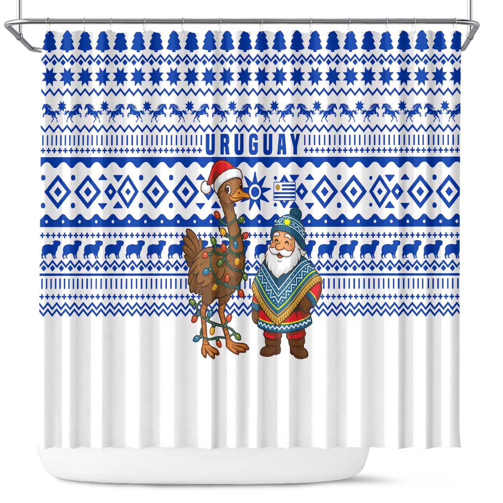 Uruguay Christmas Shower Curtain with Santa Claus Rhea Bird Holiday Lights and Blue Geometric Pattern - Wonder Print Shop