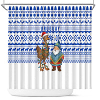 Uruguay Christmas Shower Curtain with Santa Claus Rhea Bird Holiday Lights and Blue Geometric Pattern - Wonder Print Shop