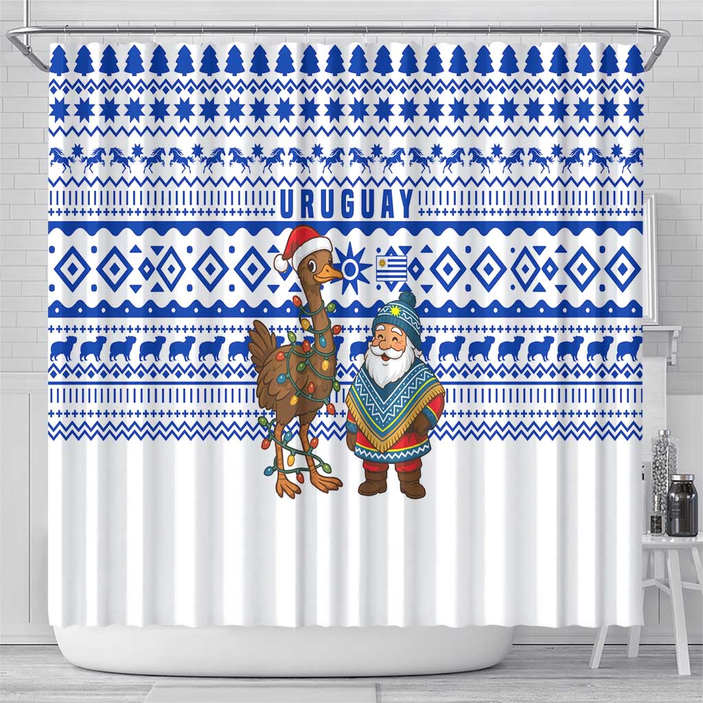 Uruguay Christmas Shower Curtain with Santa Claus Rhea Bird Holiday Lights and Blue Geometric Pattern - Wonder Print Shop
