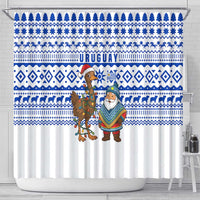 Uruguay Christmas Shower Curtain with Santa Claus Rhea Bird Holiday Lights and Blue Geometric Pattern - Wonder Print Shop