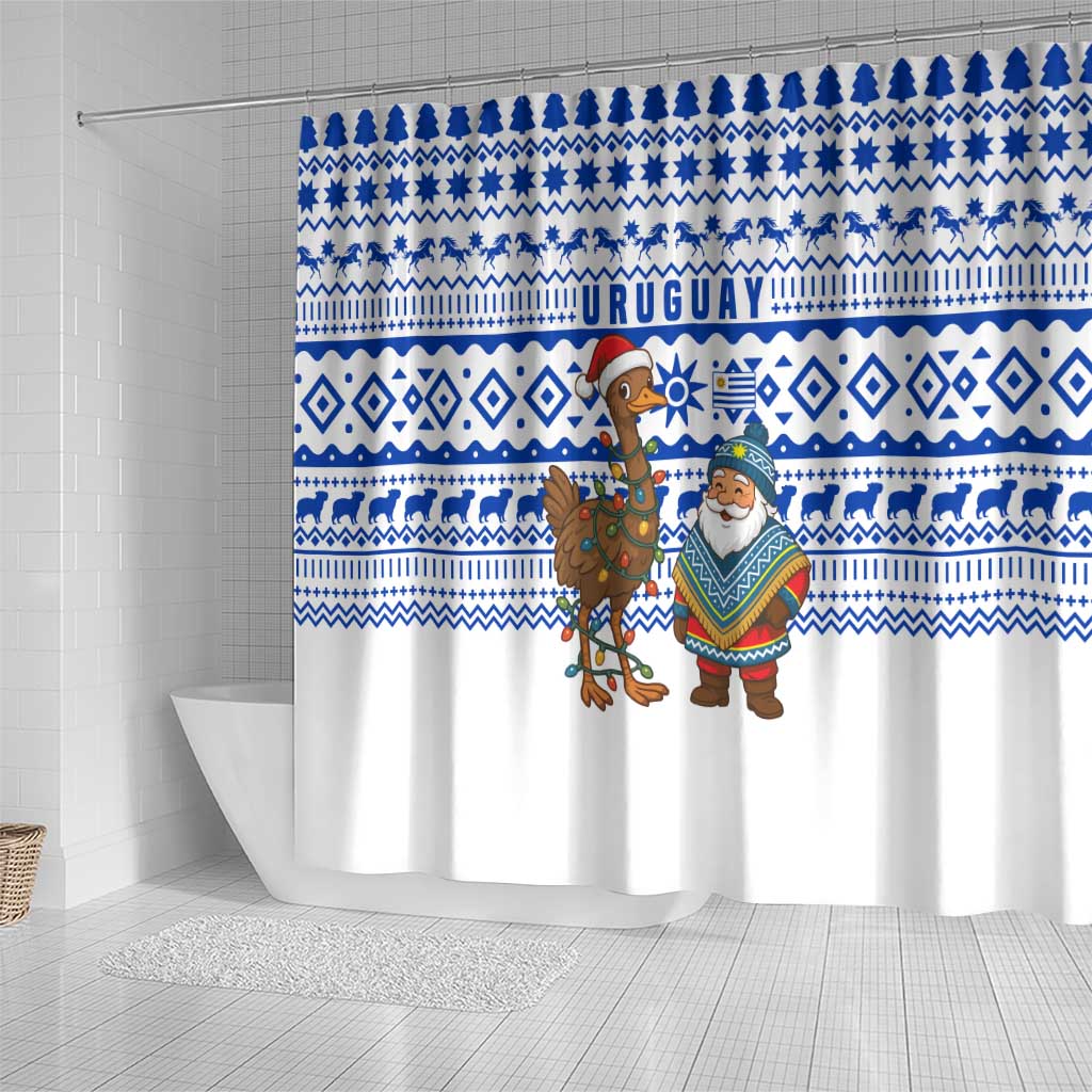 Uruguay Christmas Shower Curtain with Santa Claus Rhea Bird Holiday Lights and Blue Geometric Pattern - Wonder Print Shop