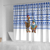 Uruguay Christmas Shower Curtain with Santa Claus Rhea Bird Holiday Lights and Blue Geometric Pattern - Wonder Print Shop