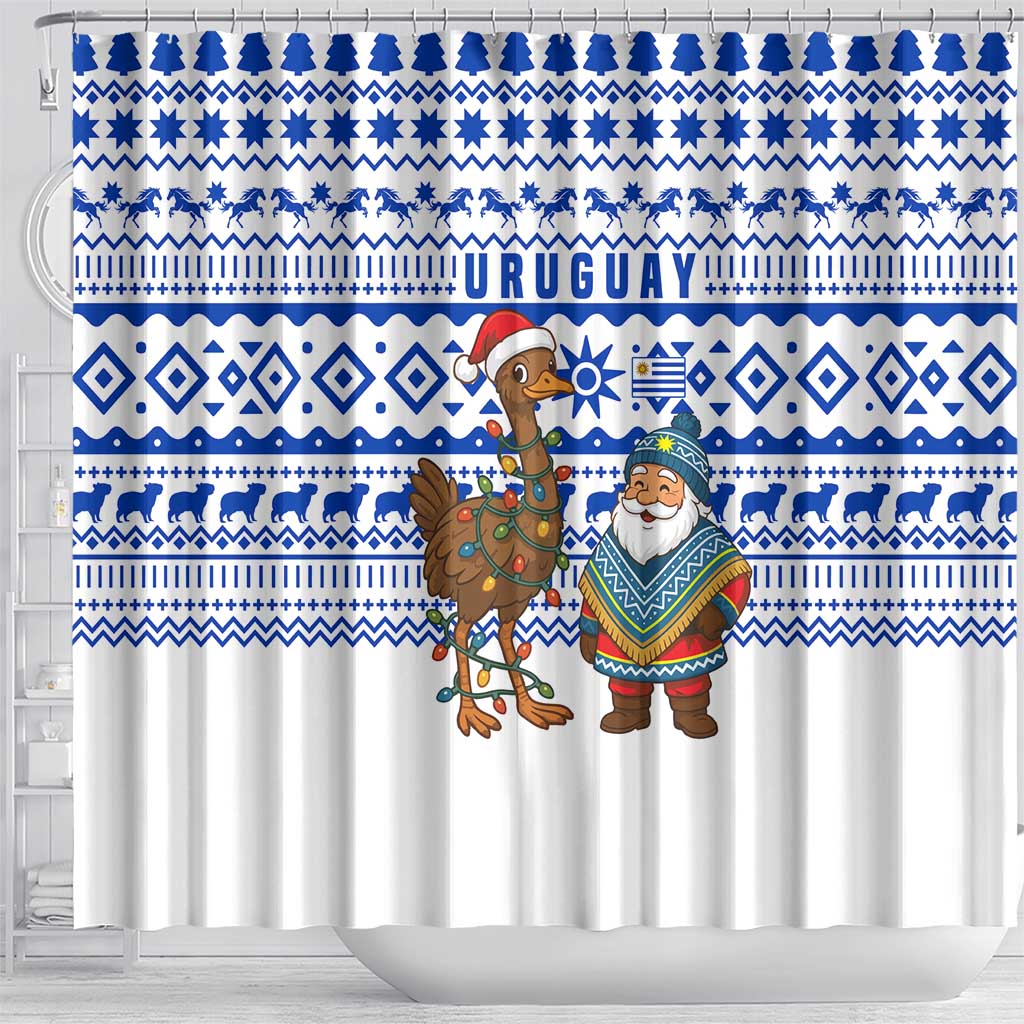 Uruguay Christmas Shower Curtain with Santa Claus Rhea Bird Holiday Lights and Blue Geometric Pattern - Wonder Print Shop