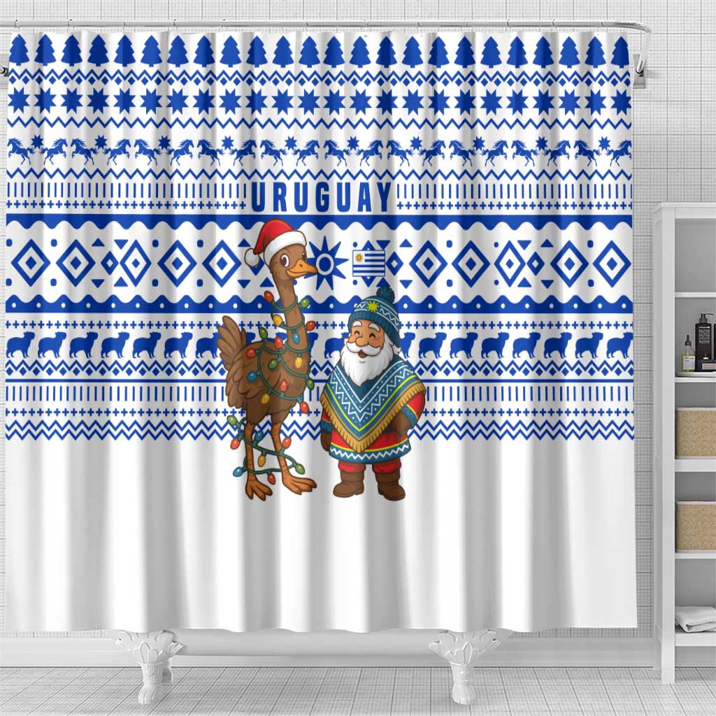 Uruguay Christmas Shower Curtain with Santa Claus Rhea Bird Holiday Lights and Blue Geometric Pattern - Wonder Print Shop
