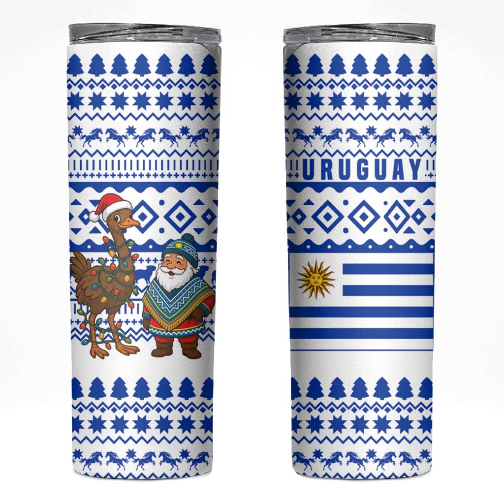 Uruguay Christmas Skinny Tumbler with Santa Claus Rhea Bird Holiday Lights and Blue Geometric Pattern - Wonder Print Shop