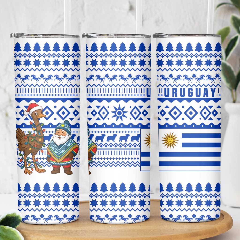 Uruguay Christmas Skinny Tumbler with Santa Claus Rhea Bird Holiday Lights and Blue Geometric Pattern - Wonder Print Shop