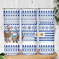 Uruguay Christmas Skinny Tumbler with Santa Claus Rhea Bird Holiday Lights and Blue Geometric Pattern - Wonder Print Shop