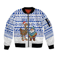 Uruguay Christmas Sleeve Zip Bomber Jacket with Santa Claus Rhea Bird Holiday Lights and Blue Geometric Pattern - Wonder Print Shop