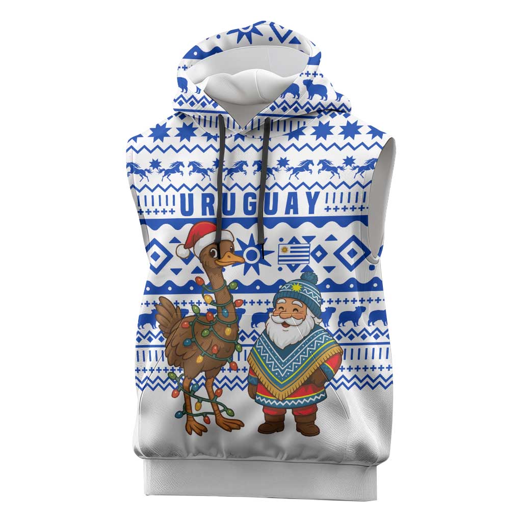 Uruguay Christmas Sleeveless Hoodie with Santa Claus Rhea Bird Holiday Lights and Blue Geometric Pattern - Wonder Print Shop