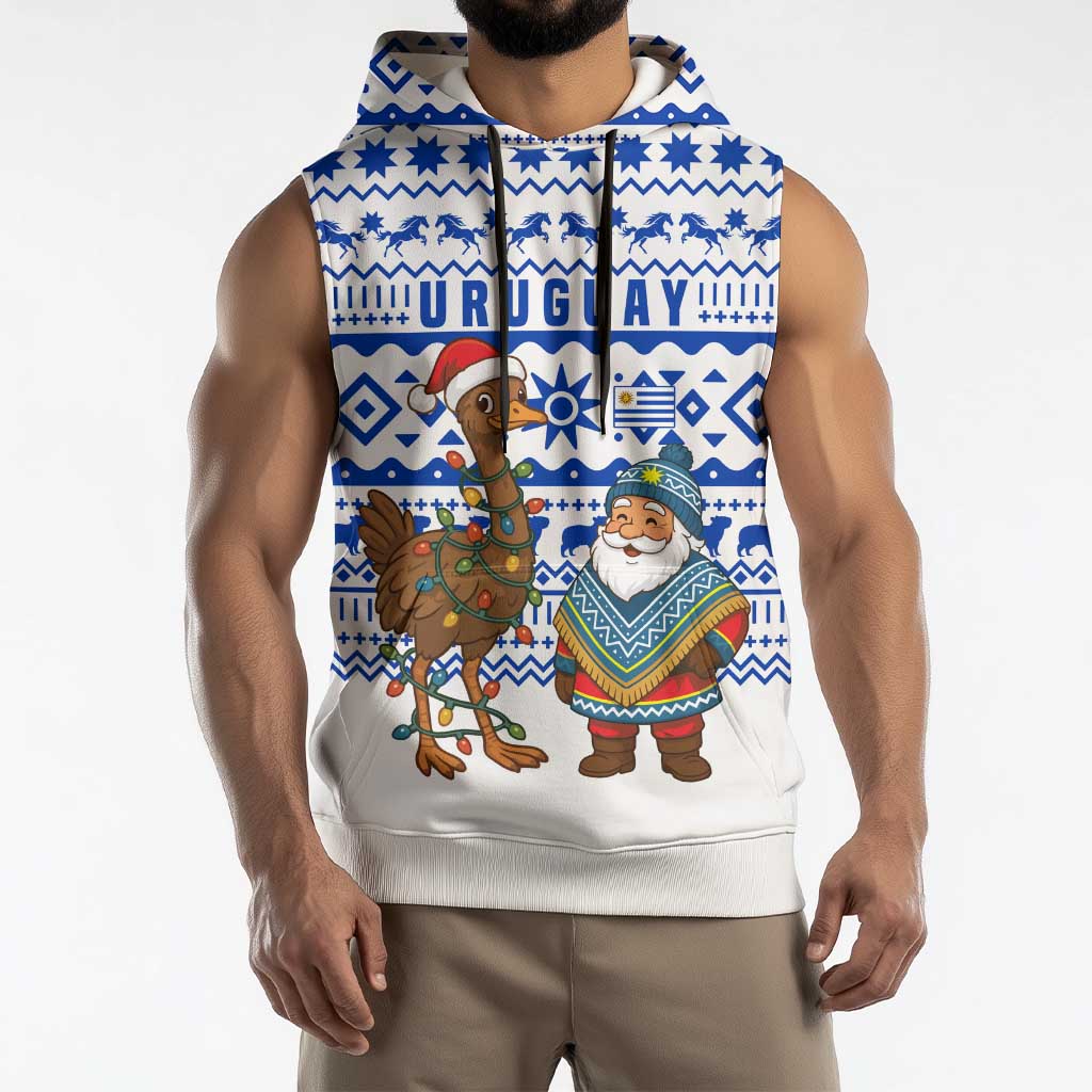 Uruguay Christmas Sleeveless Hoodie with Santa Claus Rhea Bird Holiday Lights and Blue Geometric Pattern - Wonder Print Shop