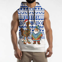 Uruguay Christmas Sleeveless Hoodie with Santa Claus Rhea Bird Holiday Lights and Blue Geometric Pattern - Wonder Print Shop