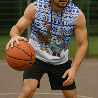 Uruguay Christmas Sleeveless Hoodie with Santa Claus Rhea Bird Holiday Lights and Blue Geometric Pattern - Wonder Print Shop
