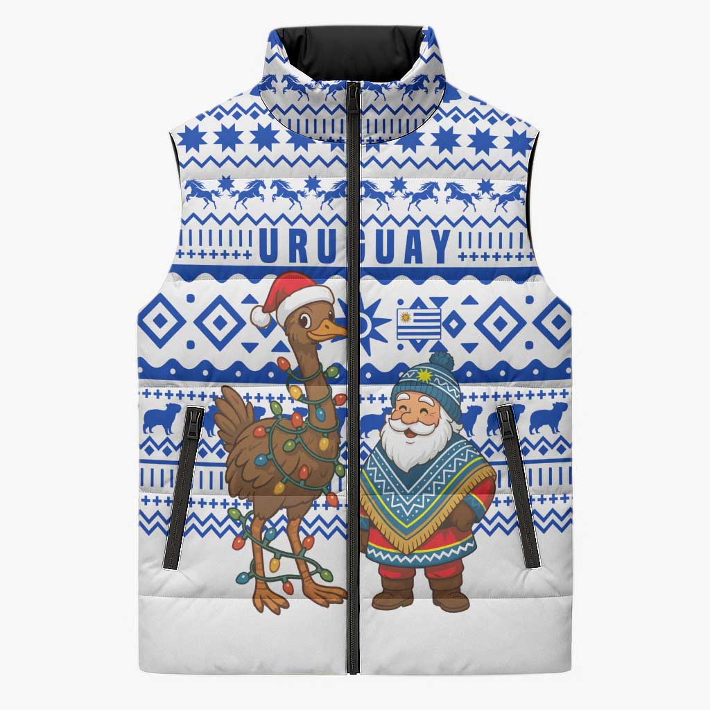 Uruguay Christmas Sleeveless Puffer Jacket with Santa Claus Rhea Bird Holiday Lights and Blue Geometric Pattern - Wonder Print Shop