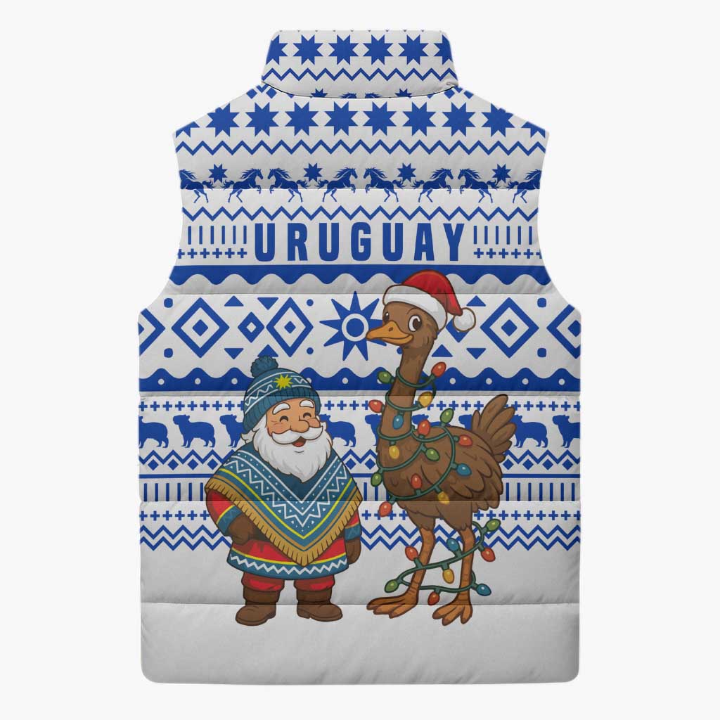 Uruguay Christmas Sleeveless Puffer Jacket with Santa Claus Rhea Bird Holiday Lights and Blue Geometric Pattern - Wonder Print Shop