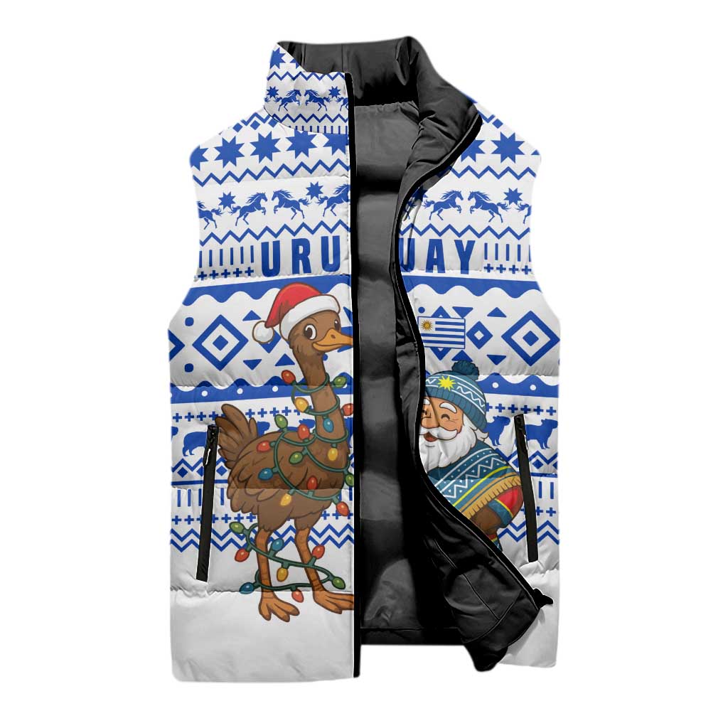 Uruguay Christmas Sleeveless Puffer Jacket with Santa Claus Rhea Bird Holiday Lights and Blue Geometric Pattern - Wonder Print Shop