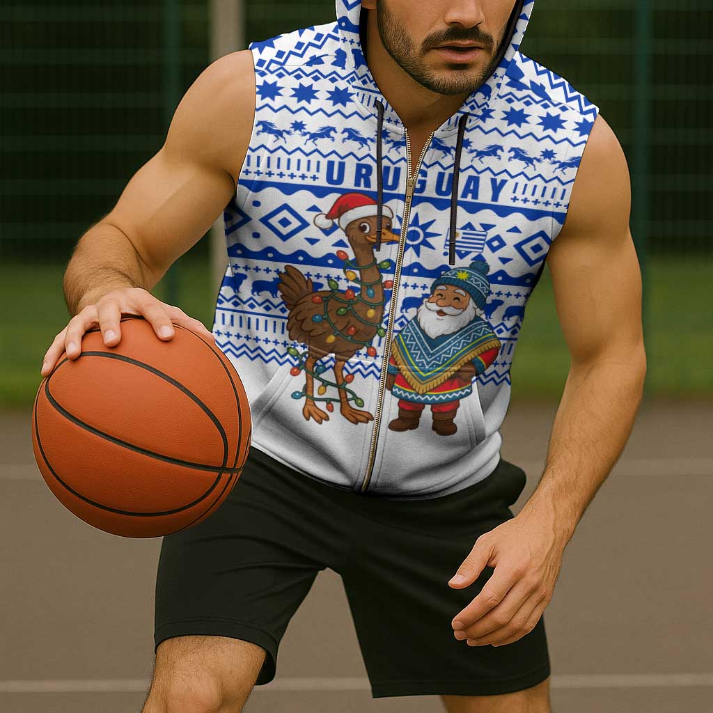 Uruguay Christmas Sleeveless Zip Hoodie with Santa Claus Rhea Bird Holiday Lights and Blue Geometric Pattern - Wonder Print Shop