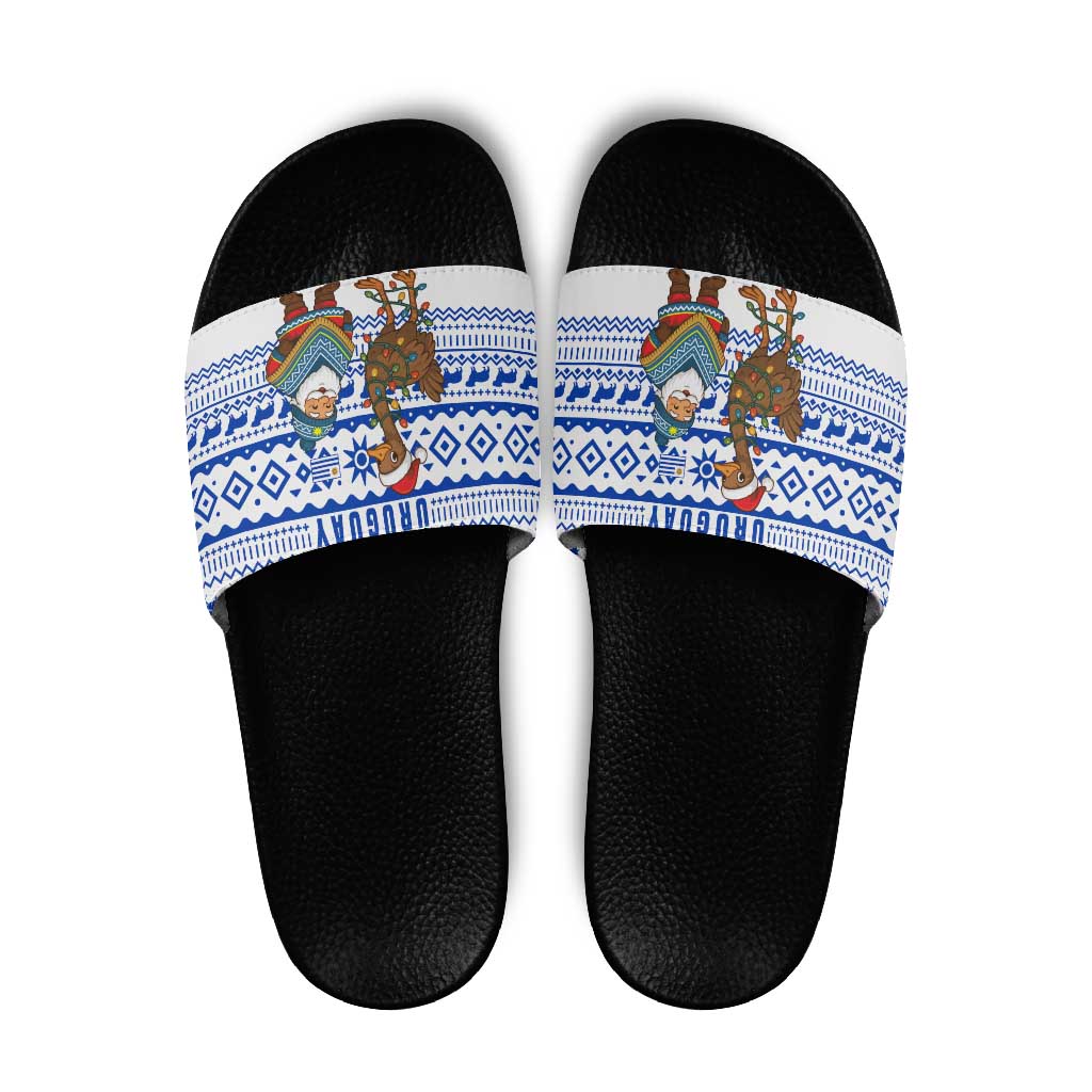 Uruguay Christmas Slide Sandals with Santa Claus Rhea Bird Holiday Lights and Blue Geometric Pattern - Wonder Print Shop