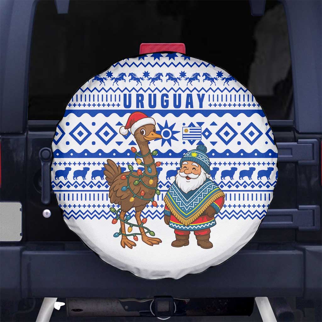 Uruguay Christmas Spare Tire Cover with Santa Claus Rhea Bird Holiday Lights and Blue Geometric Pattern - Wonder Print Shop