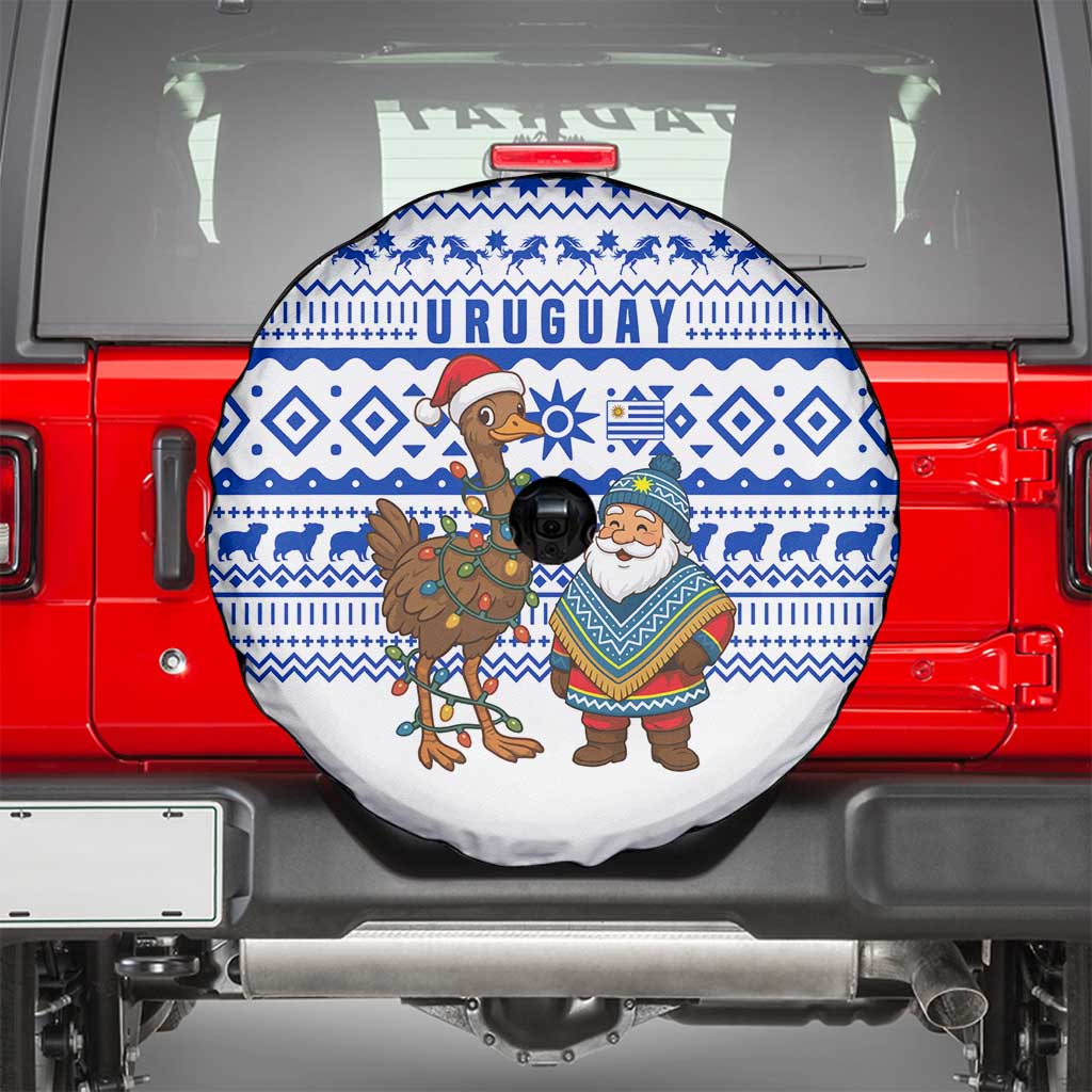 Uruguay Christmas Spare Tire Cover with Santa Claus Rhea Bird Holiday Lights and Blue Geometric Pattern - Wonder Print Shop