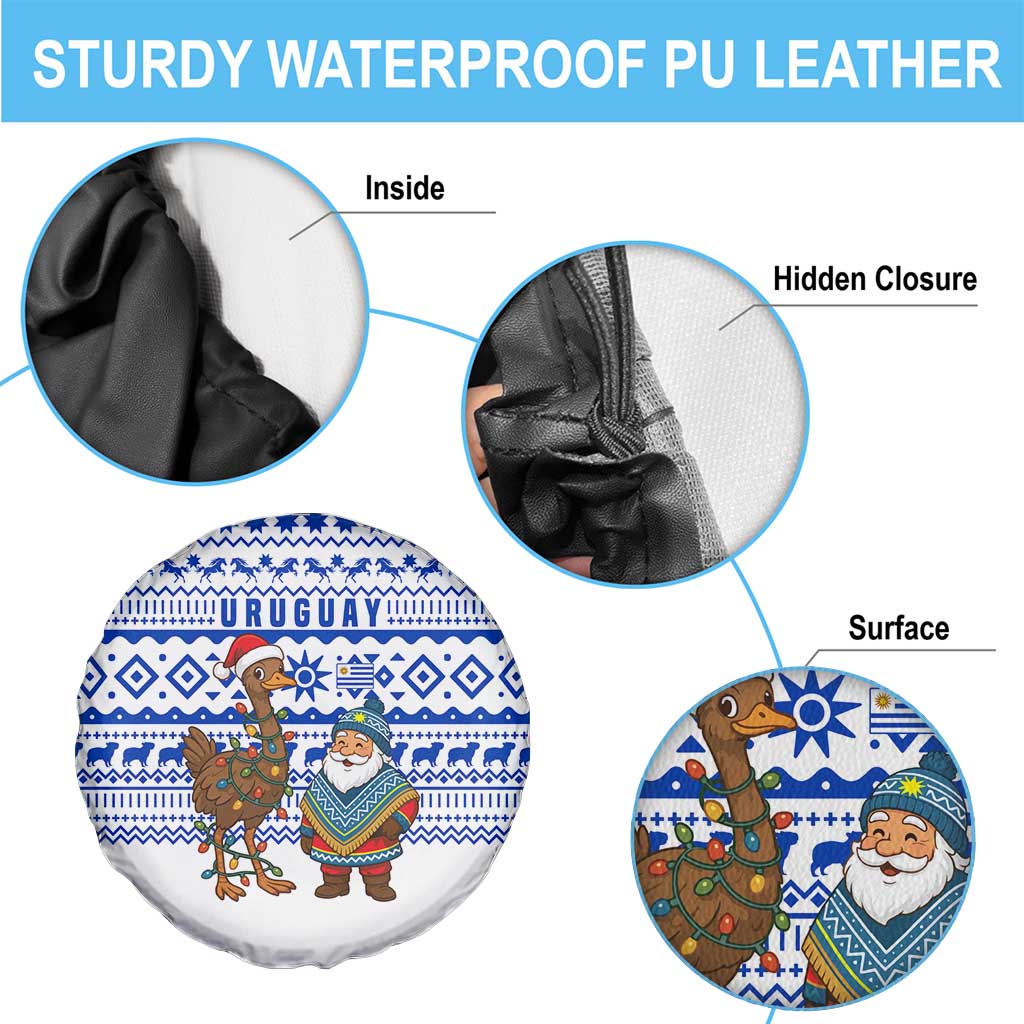 Uruguay Christmas Spare Tire Cover with Santa Claus Rhea Bird Holiday Lights and Blue Geometric Pattern - Wonder Print Shop