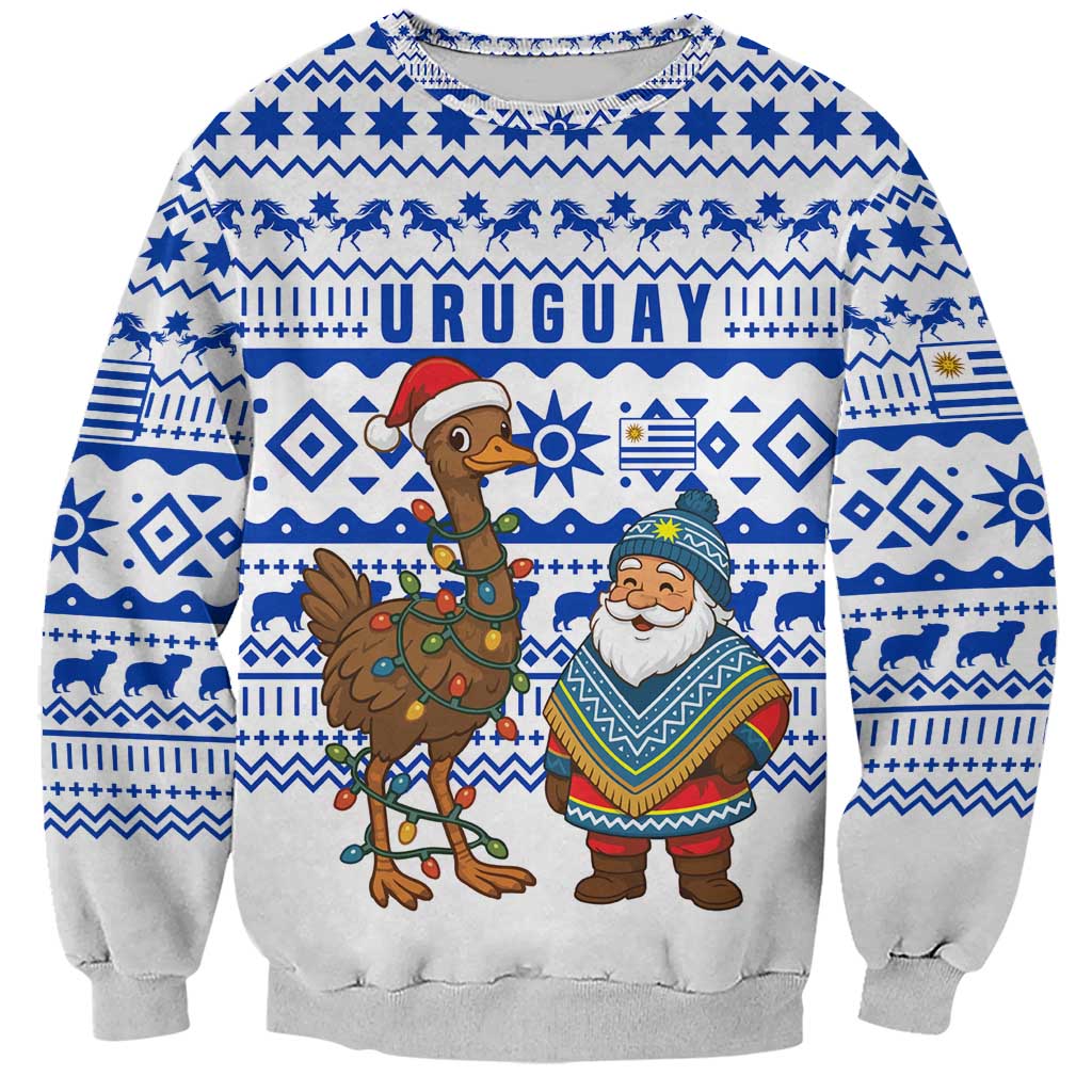 Uruguay Christmas Sweatshirt with Santa Claus Rhea Bird Holiday Lights and Blue Geometric Pattern - Wonder Print Shop