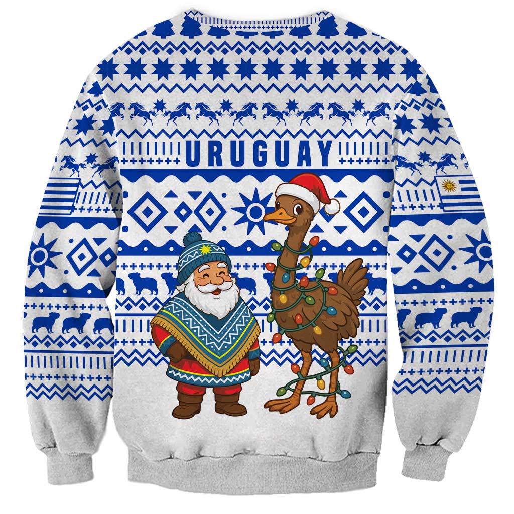 Uruguay Christmas Sweatshirt with Santa Claus Rhea Bird Holiday Lights and Blue Geometric Pattern - Wonder Print Shop