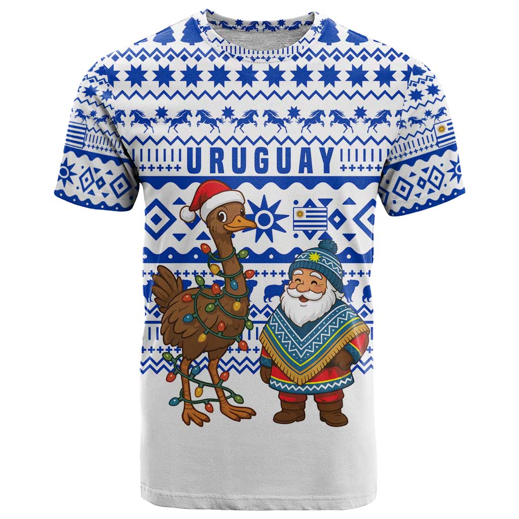 Uruguay Christmas T Shirt with Santa Claus Rhea Bird Holiday Lights and Blue Geometric Pattern - Wonder Print Shop