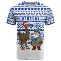 Uruguay Christmas T Shirt with Santa Claus Rhea Bird Holiday Lights and Blue Geometric Pattern - Wonder Print Shop