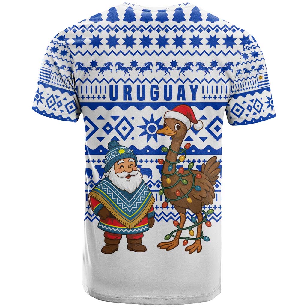 Uruguay Christmas T Shirt with Santa Claus Rhea Bird Holiday Lights and Blue Geometric Pattern - Wonder Print Shop