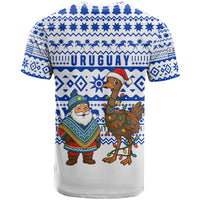 Uruguay Christmas T Shirt with Santa Claus Rhea Bird Holiday Lights and Blue Geometric Pattern - Wonder Print Shop