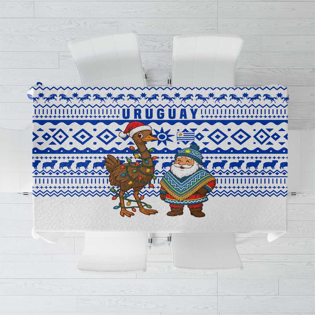 Uruguay Christmas Tablecloth with Santa Claus Rhea Bird Holiday Lights and Blue Geometric Pattern - Wonder Print Shop