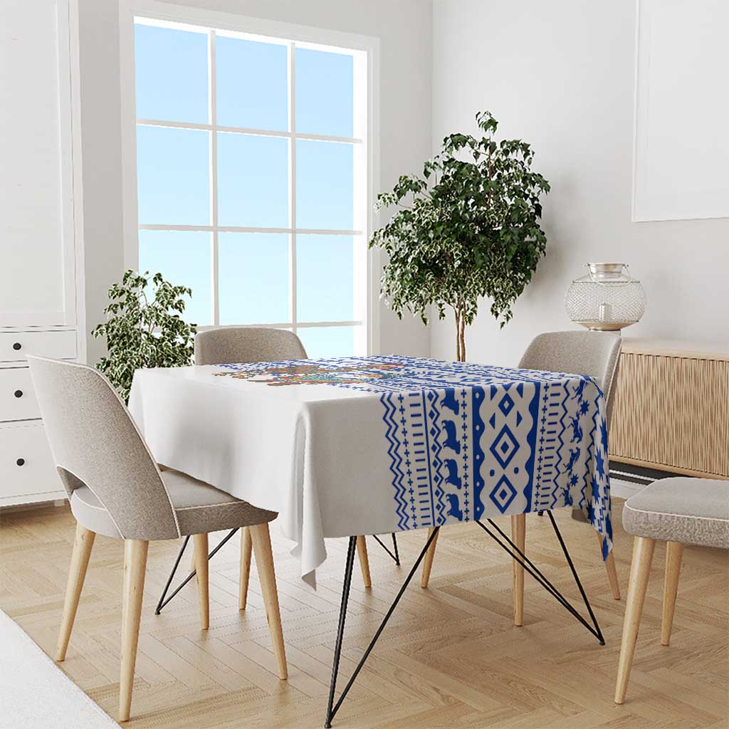 Uruguay Christmas Tablecloth with Santa Claus Rhea Bird Holiday Lights and Blue Geometric Pattern - Wonder Print Shop