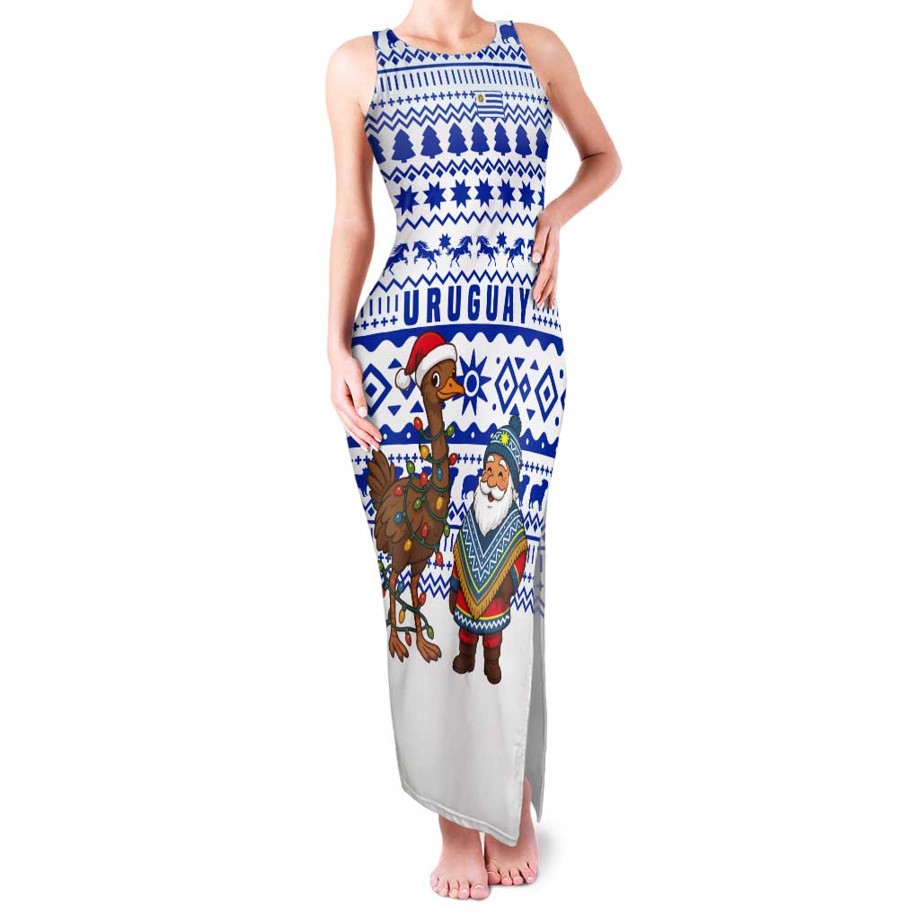 Uruguay Christmas Tank Maxi Dress with Santa Claus Rhea Bird Holiday Lights and Blue Geometric Pattern - Wonder Print Shop