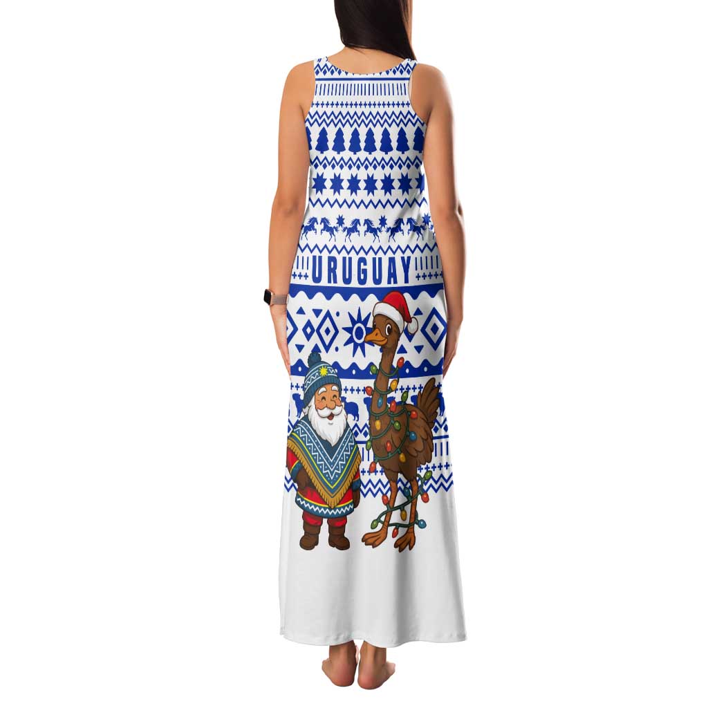 Uruguay Christmas Tank Maxi Dress with Santa Claus Rhea Bird Holiday Lights and Blue Geometric Pattern - Wonder Print Shop