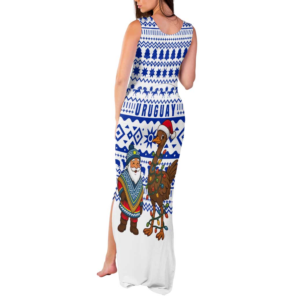 Uruguay Christmas Tank Maxi Dress with Santa Claus Rhea Bird Holiday Lights and Blue Geometric Pattern - Wonder Print Shop