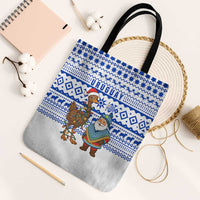 Uruguay Christmas Tote Bag with Santa Claus Rhea Bird Holiday Lights and Blue Geometric Pattern - Wonder Print Shop